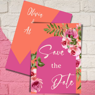 Elegant Arch Frame Pink and Orange Floral Wedding Invitation