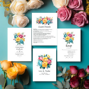 Turquoise, Yellow and Pink Floral Wedding RSVP Card