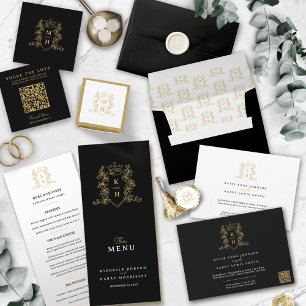 Wedding black gold crown crest monogram photo all in one invitation