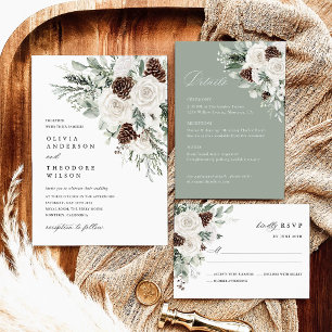 Sage Green Winter Floral Pine Wedding Details Info Enclosure Card