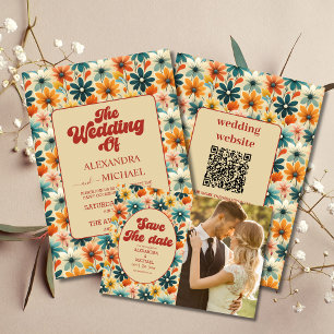 Groovy Retro 70s Floral Wedding All In One Invitation