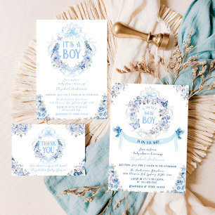 Bow Dusty Floral Crest Sweet Baby Boy Baby Shower Invitation