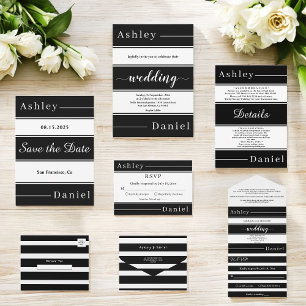 Elegant Black And White Stripes Modern Wedding Invitation