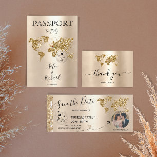 Destination Wedding Passport World Map Glitter  Invitation