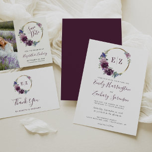 Monogram Purple Floral Wreath Gold Hoop Wedding RSVP Card