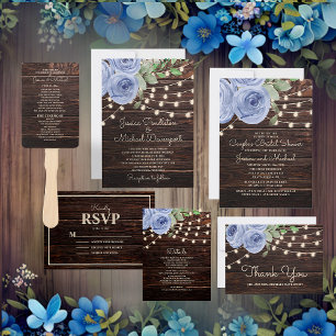 Rustic Barn Wood String Lights Blue Floral Wedding Invitation