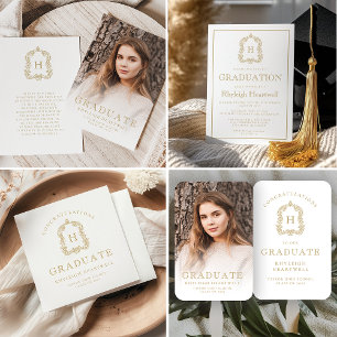 Gold Monogram Crest White Graduation Party Invitation