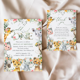 Jungle Animals, Safari, Flowers, First Birthday Invitation