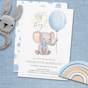 Boy Blue Balloon Cute Elephant Baby Shower Thank You Card