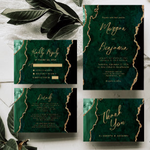 Emerald Green Agate Gold Script Wedding RSVP Card