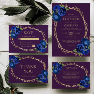 Purple Royal Blue Floral Gold Geometric Wedding Invitation