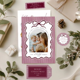 Elegant Burgundy Stripes Christmas Address Return