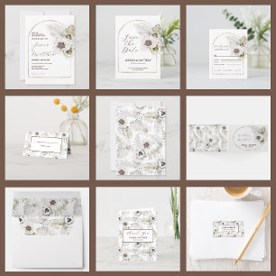 White Flowers and Feathers Wedding Invitation