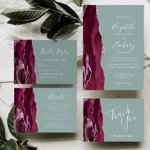 Burgundy Silver Agate Sage Green Wedding Details Enclosure Card