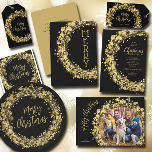 Gold Stars on Black Merry Christmas Photo Holiday Card