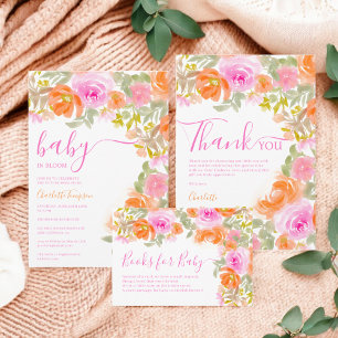 Pretty pastel pink orange bloom floral baby shower invitation