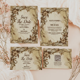 Art Nouveau Gold Botanical Wedding All In One Invitation