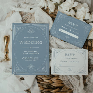 Modern Deco   Elegant White and Dusty Blue Wedding Invitation