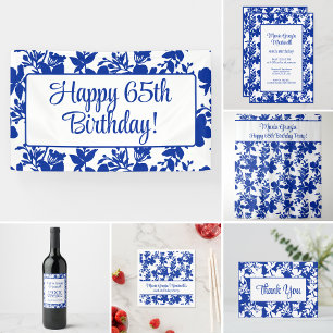 Chic Blue Floral 65th Birthday Party Classic Round Sticker