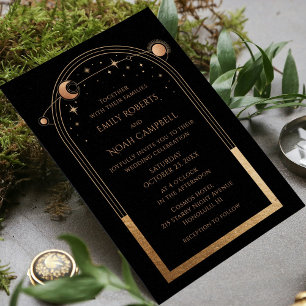 Mystical Chic Black Gold Star Moon Photo Wedding Thank You Card