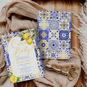 Ciao Baby Blue Tiles Lemon Amalfi Arch Baby Shower Invitation