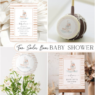 Sailor Bear Tan Stripe Baby Shower Invitation