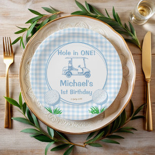 Hole in one blue gingham golf party monogrammed party hat
