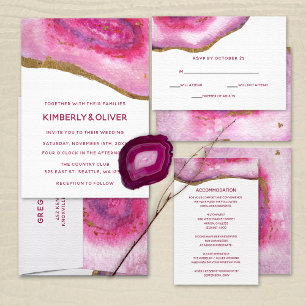 Budget Pink and Gold Agate Wedding Invitation