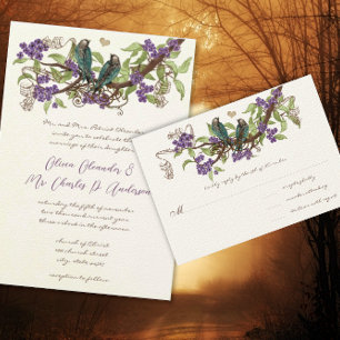 Birdcage Coral & Grey Vintage Birds Wedding Invite