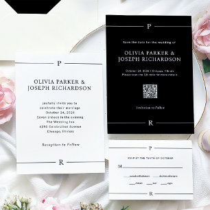 Modern Lines and Monogram Black QR Code and Photo Save The Date