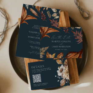 Elegant Navy Terracotta Floral Boho Fall Wedding Invitation