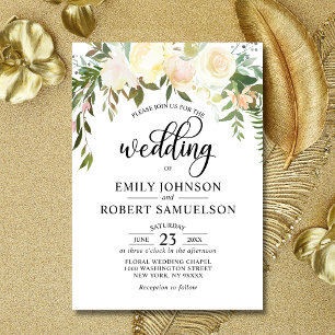 Watercolor Floral Bouquet Pink Mint Gold Wedding Invitation