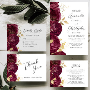 Burgundy Floral Gold Script Wedding Invitation