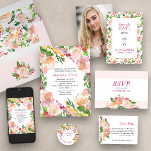 Floral Chic Pink Gold Editable Quinceanera Photo Save The Date