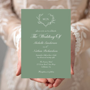 Elegant Sage Green Wedding Monogram Photo Invitation