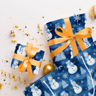 Snowy Snowmen Blue Winter Christmas Pattern Satin Ribbon