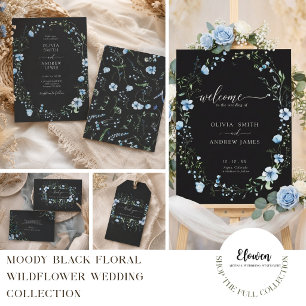 Black Boho Floral Wedding Invitation   Moody Blue 