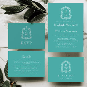 Monogram Crest Turquoise Wedding RSVP Card