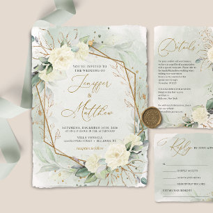 Eucalyptus Greenery White Roses Gold Wedding Invitation