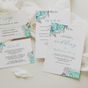 Elegant Floral Aqua Silver Script Wedding Details Enclosure Card