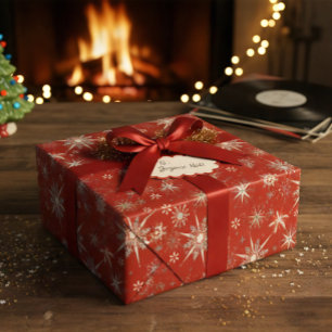 Mid-Century Snowflakes Galore On Red Wrapping Paper