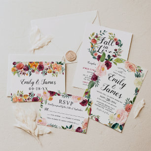Rustic Blush Burgundy Floral Wreath Script Wedding Invitation