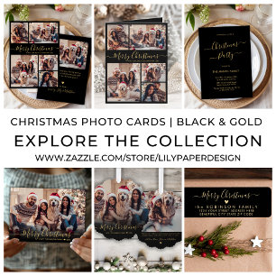 Elegant Black Gold Script Holiday Christmas Party Invitation