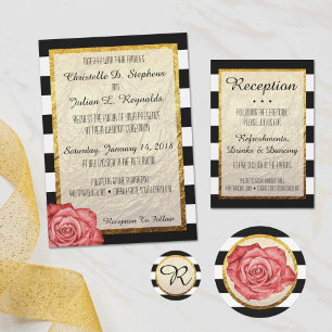 Modern Red Rose Faux Gold Foil Striped Wedding Invitation