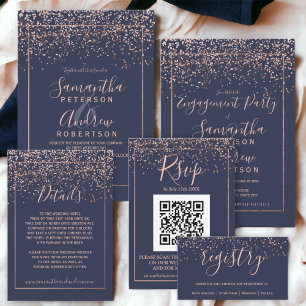 navy blue Rose gold confetti QR code rsvp Enclosure Card