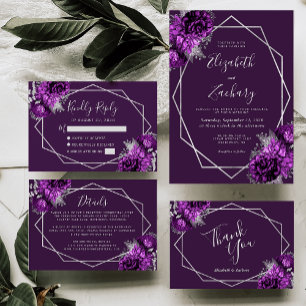 Purple Floral Silver Geometric Wedding Thank You Card