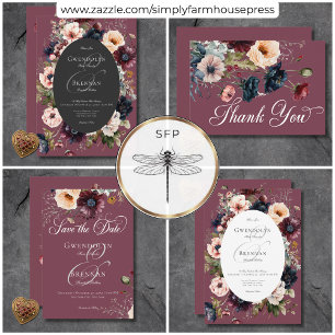 Dark Moody Burgundy Oval Floral Frame Wedding Invitation