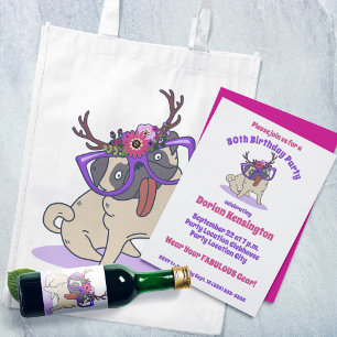 Cute Girly Boho Floral Pug in Glasses Birthday Invitation