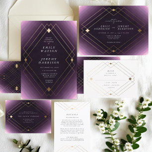 Gold Diamond Purple Geometric Deco Gatsby Wedding Invitation