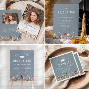 Boho Wildflowers Dusty Blue Graduation Party Invitation